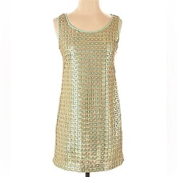 Anthropologie Sequin Mini Dress Golden Panes by Tabitha size 10 gold retro party - Picture 2 of 5